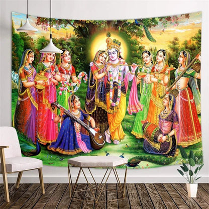 Krishna and Radha with Gopis in colorful attire tapestry
