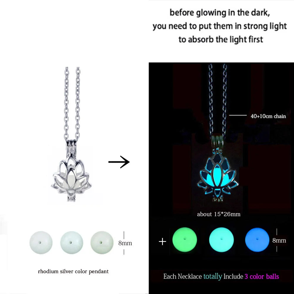 Luminescent necklace with lotus design, showing before and after glow effect.