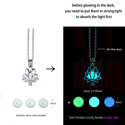 Luminescent necklace with lotus design, showing before and after glow effect.