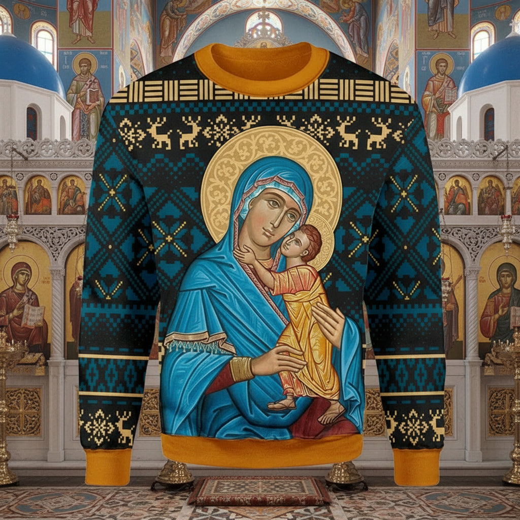 Sweatshirt with religious icon design in a cathedral setting