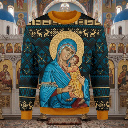 Sweatshirt with religious icon design in a cathedral setting