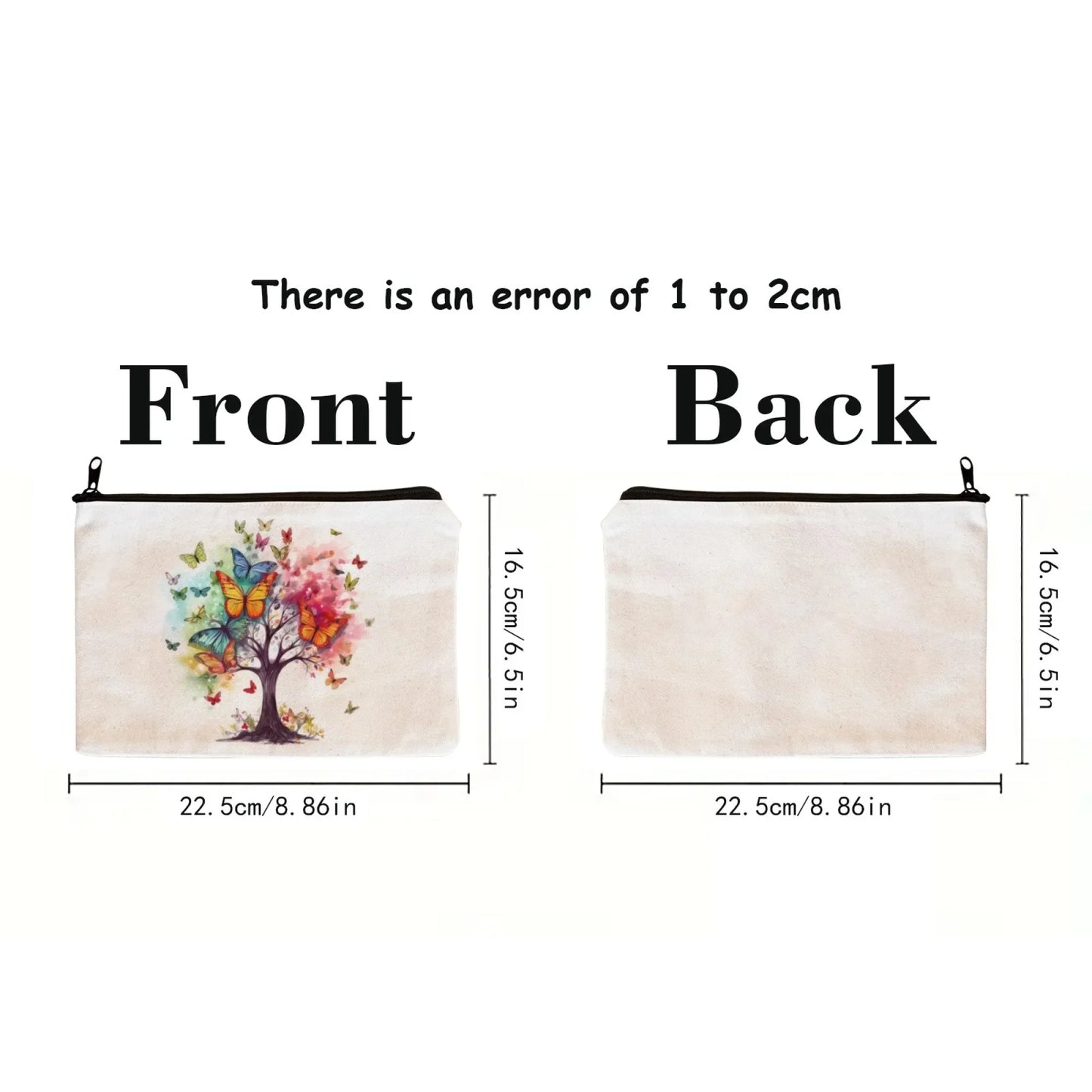 Measurement chart showing front and back views of a pouch with a colourful tree design.