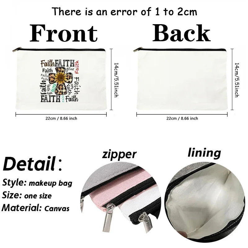 Measurement chart and details of a makeup bag with zipper and lining shown.