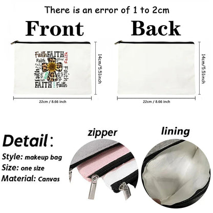 Measurement chart and details of a makeup bag with zipper and lining shown.