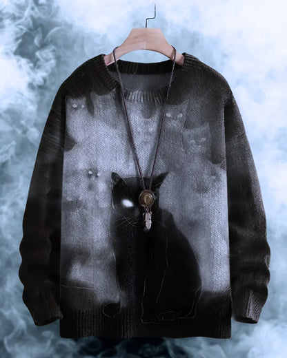 Spooky black cat with glowing eyes and ghostly cats in the mist on a monochromatic 3D sweater