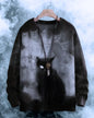 Spooky black cat with glowing eyes and ghostly cats in the mist on a monochromatic 3D sweater