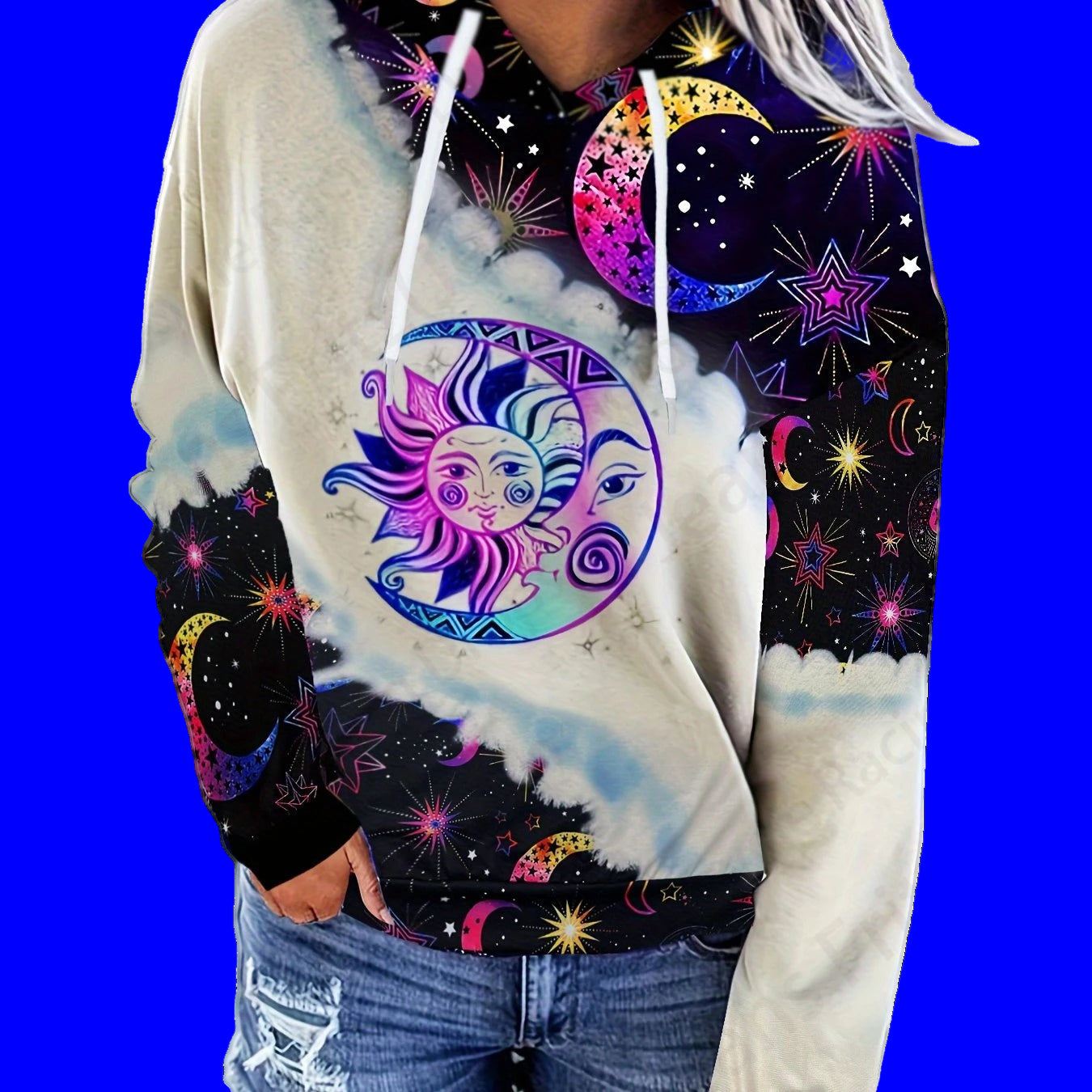 Hoodie with celestial design featuring sun and moon on a blue background