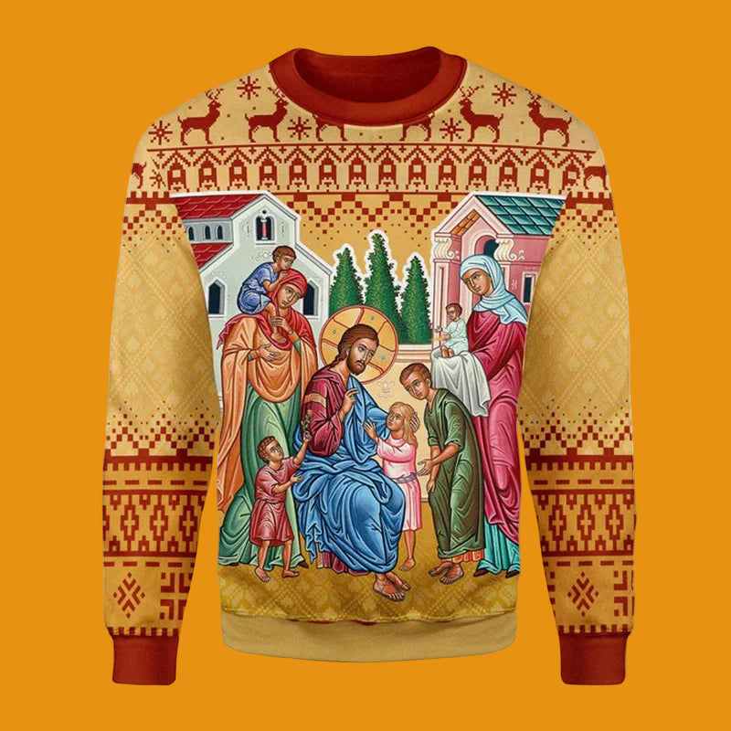 Sweater with religious-themed design featuring figures and buildings on a beige background.