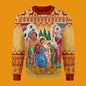 Sweater with religious-themed design featuring figures and buildings on a beige background.