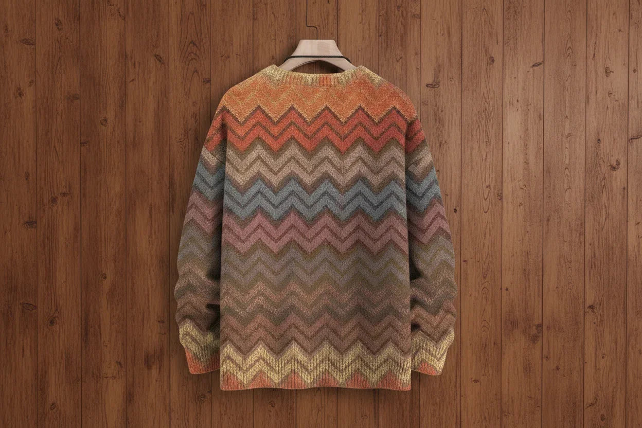 Multicolored zigzag pattern sweater on a wooden background