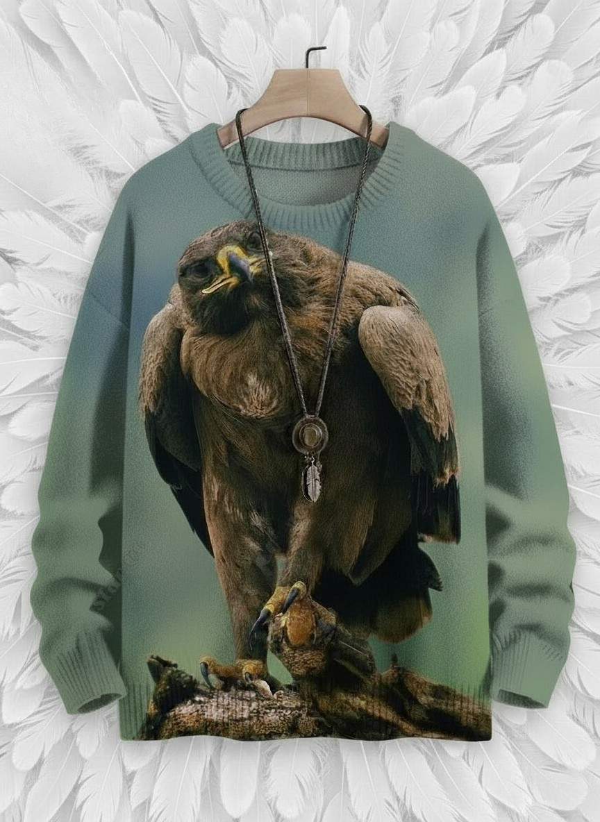 Nature-inspired owl-eagle hybrid sweater – earthy green tone, cozy autumn/winter pullover