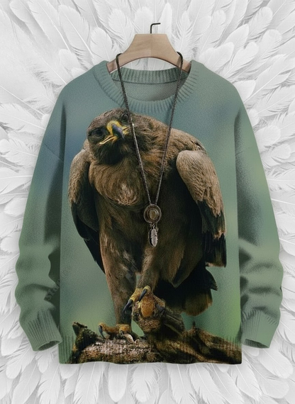 Nature-inspired owl-eagle hybrid sweater – earthy green tone, cozy autumn/winter pullover