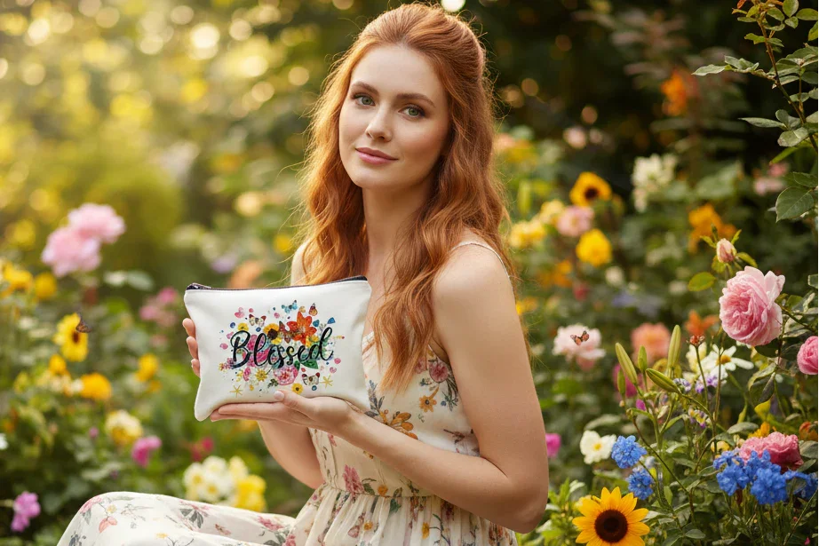 Person holding a pouch with colourful floral design and 'Blessed' text.