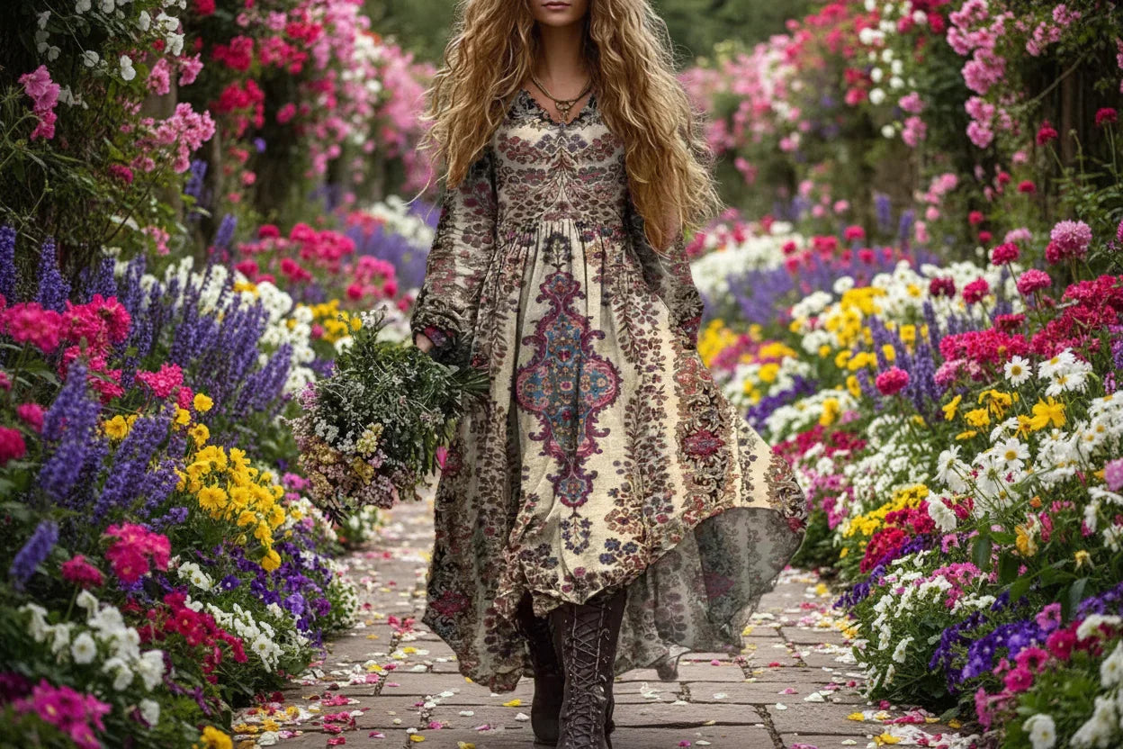 Person wearing a long, patterned dress in a natural setting