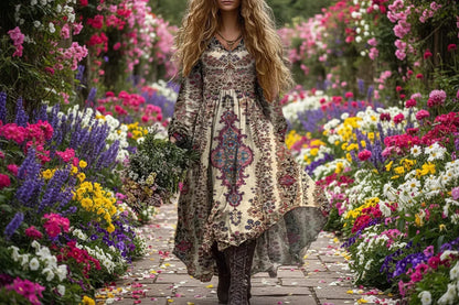 Person wearing a long, patterned dress in a natural setting