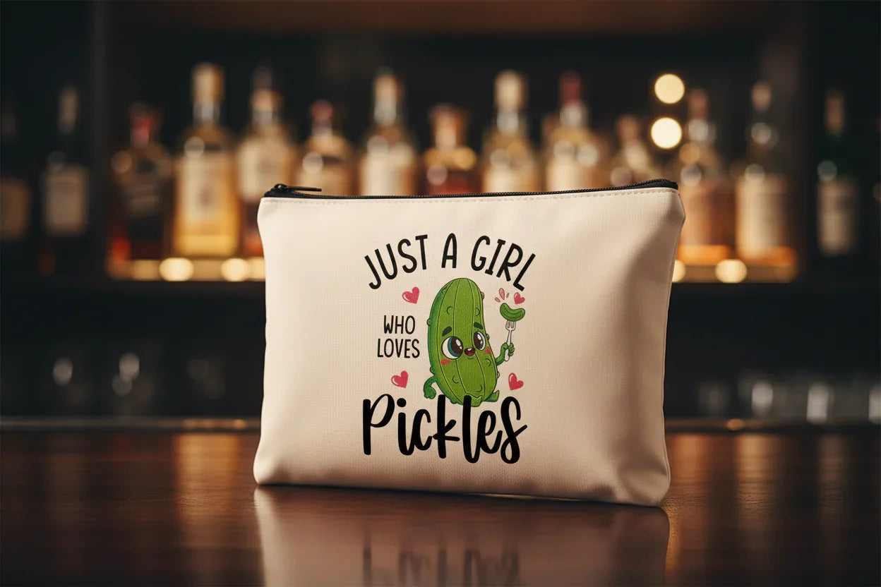Funny "Just a Girl Who Loves Pickles" pouch with a cartoon pickle graphic.