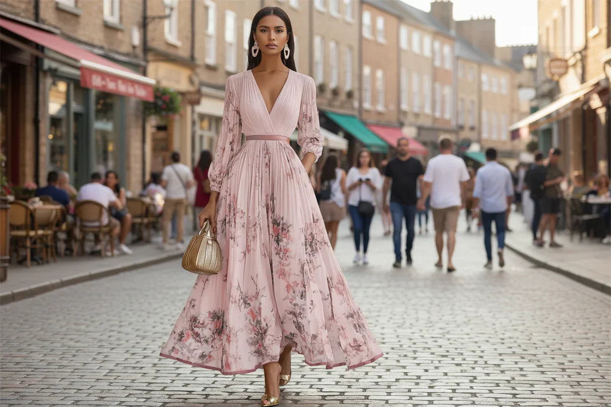 Woman in a pink floral dress walking down a busy street.