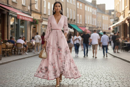 Woman in a pink floral dress walking down a busy street.