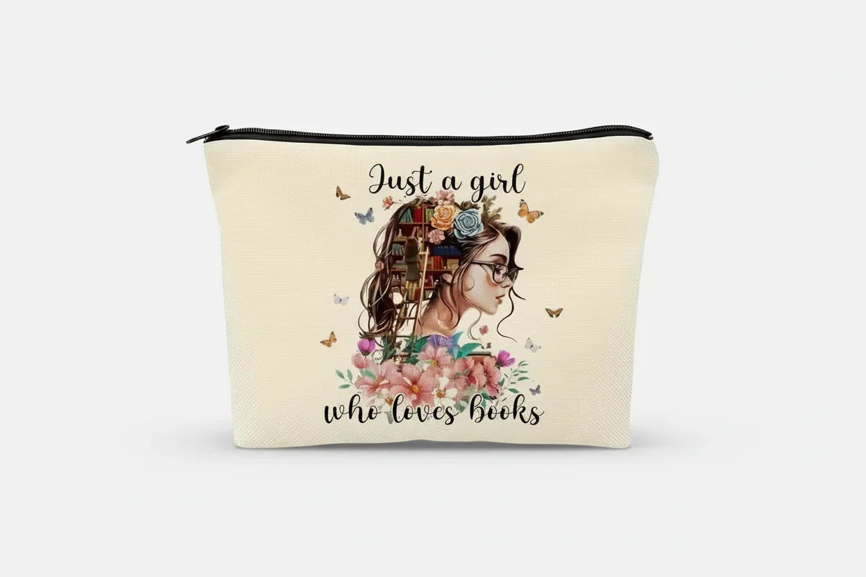 Pouch with a design of a girl with glasses and flowers, text 'Just a girl who loves books', on a beige background.