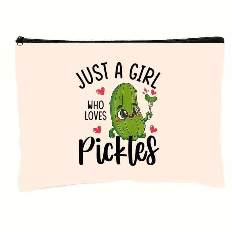 Pouch with a pickle illustration and text on a light pink background