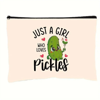 Pouch with a pickle illustration and text on a light pink background
