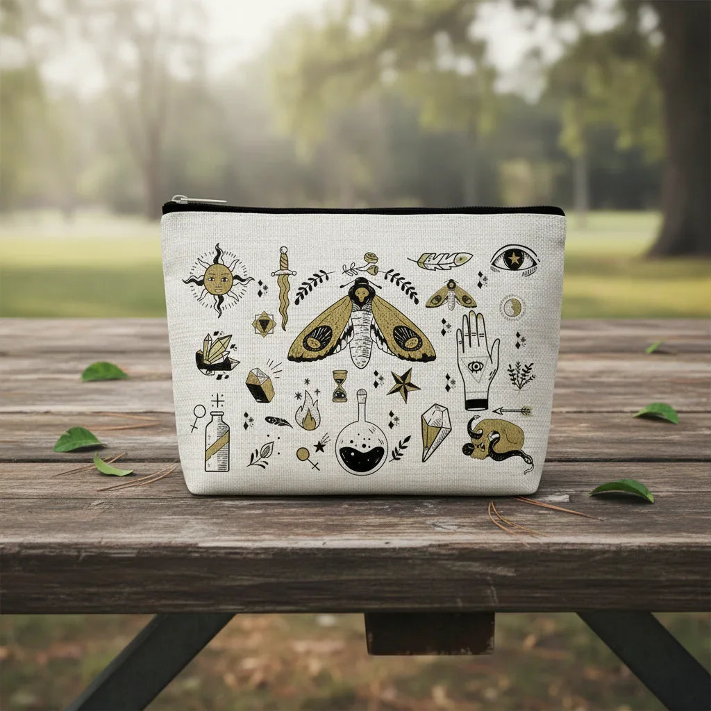 Pouch with black and gold illustrations on a white background