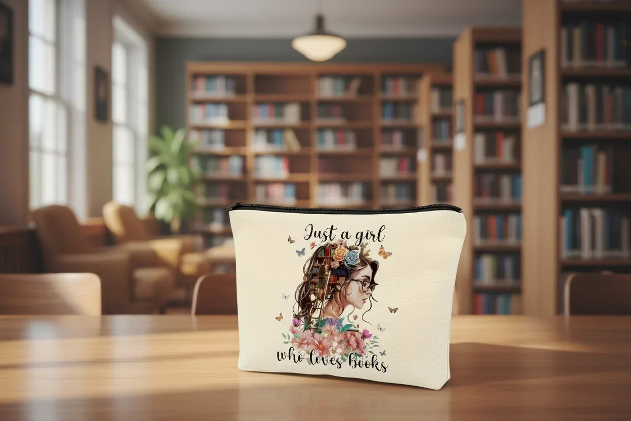 Pouch with illustration of a girl with books and flowers, text 'Just a girl who loves books', on a white background