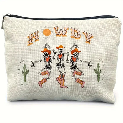 Pouch with skeletons, cacti, and 'Howdy' text on a white background
