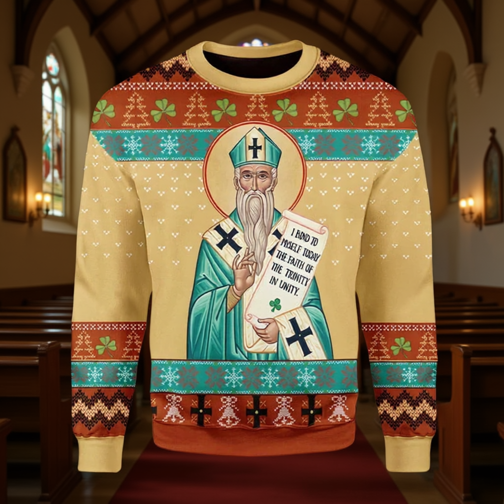 Sweater with a religious figure design in a church setting