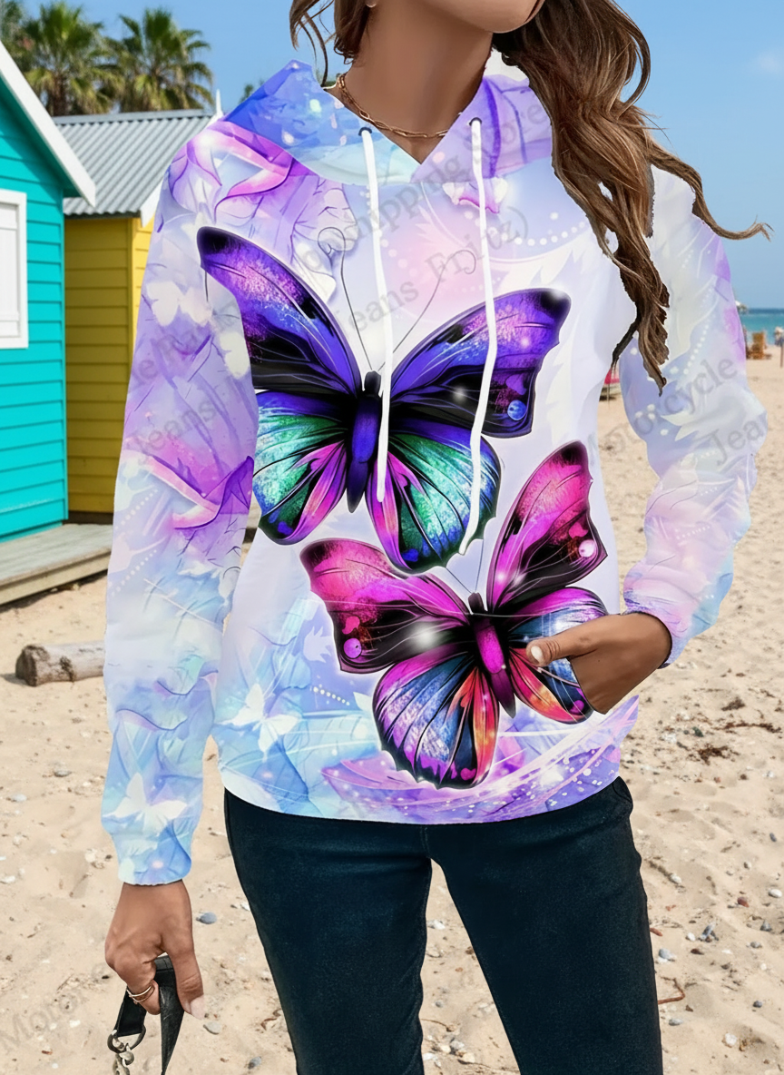 Vibrant purple butterfly 3D print hoodie for women