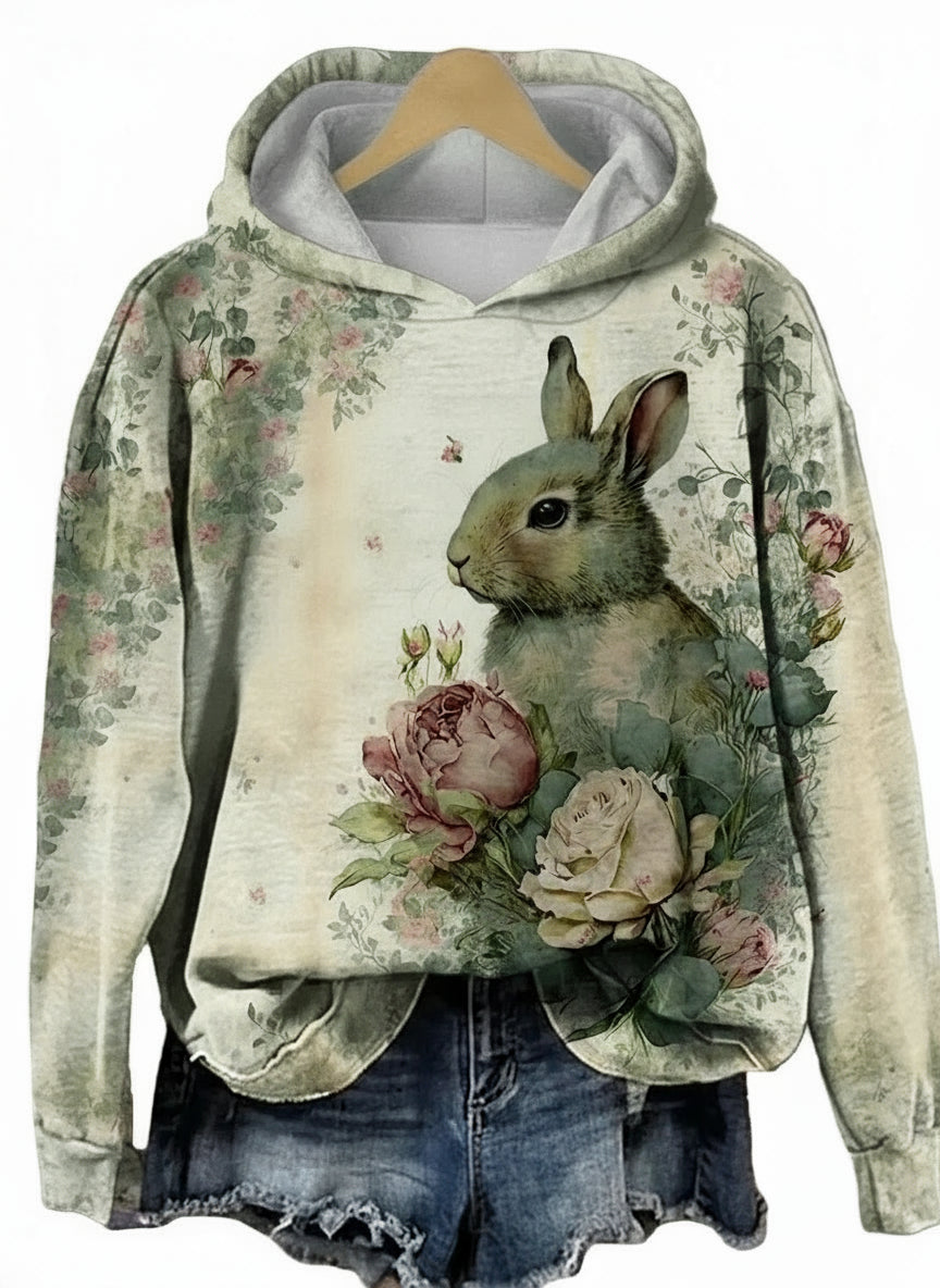 Close-up of floral rabbit 3D print on women's hoodie
