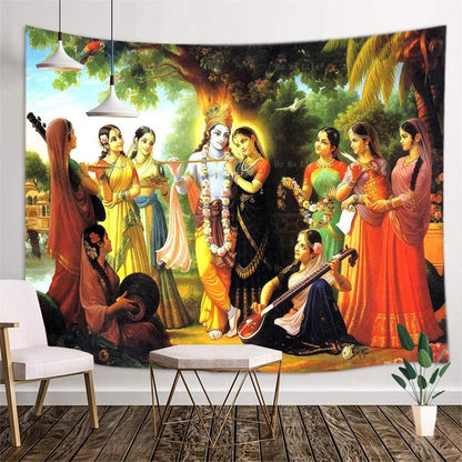 Radha and Krishna divine love scene with Gopis tapestry