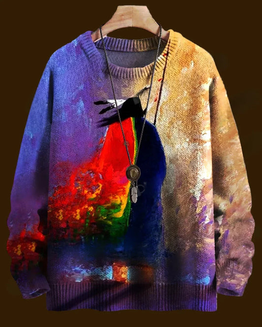 Colorful sweater with abstract design on a hanger against a dark background