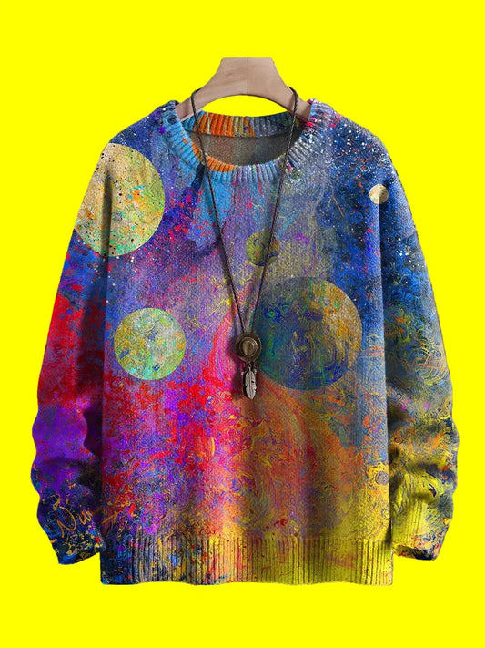 Close-up of a vibrant multicolor rainbow gradient knit pullover with a cosmic universe planet art print.