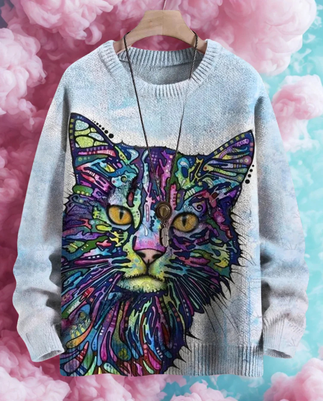 Rainbow Psychedelic Cat 3D Knit Sweater - Vibrant Colors, Unisex Casual Pullover for Spring Fall