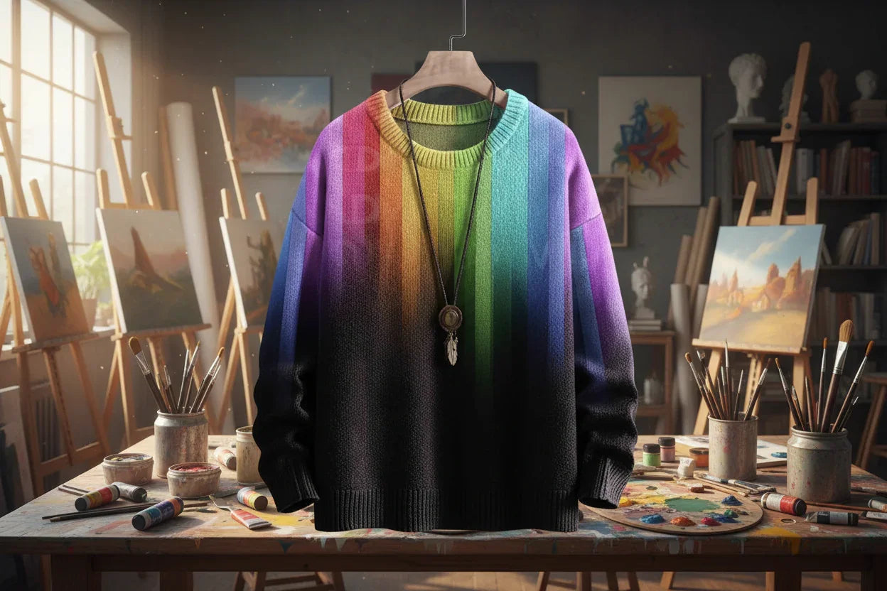 Rainbow sweater on a hanger in an artist's studio with easels and paintings.
