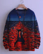 Silhouette of a black cat in a surreal red and blue landscape on a 3D sweater