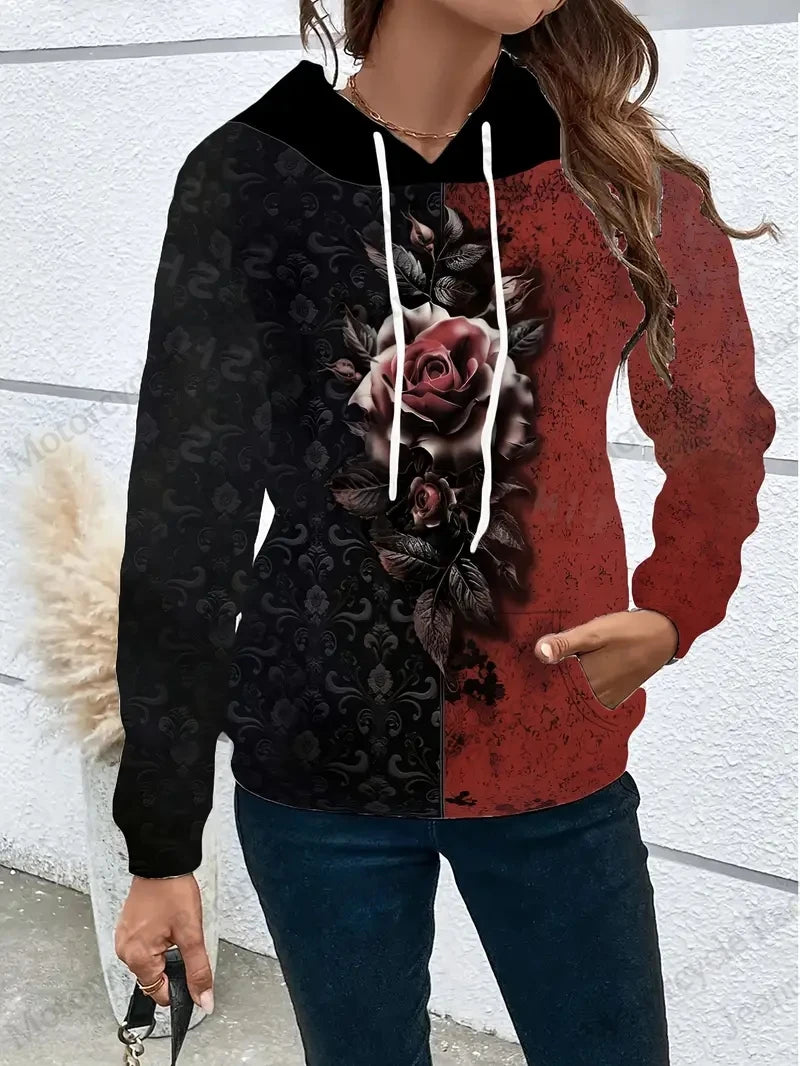 Red and black rose print hoodie for women, casual style