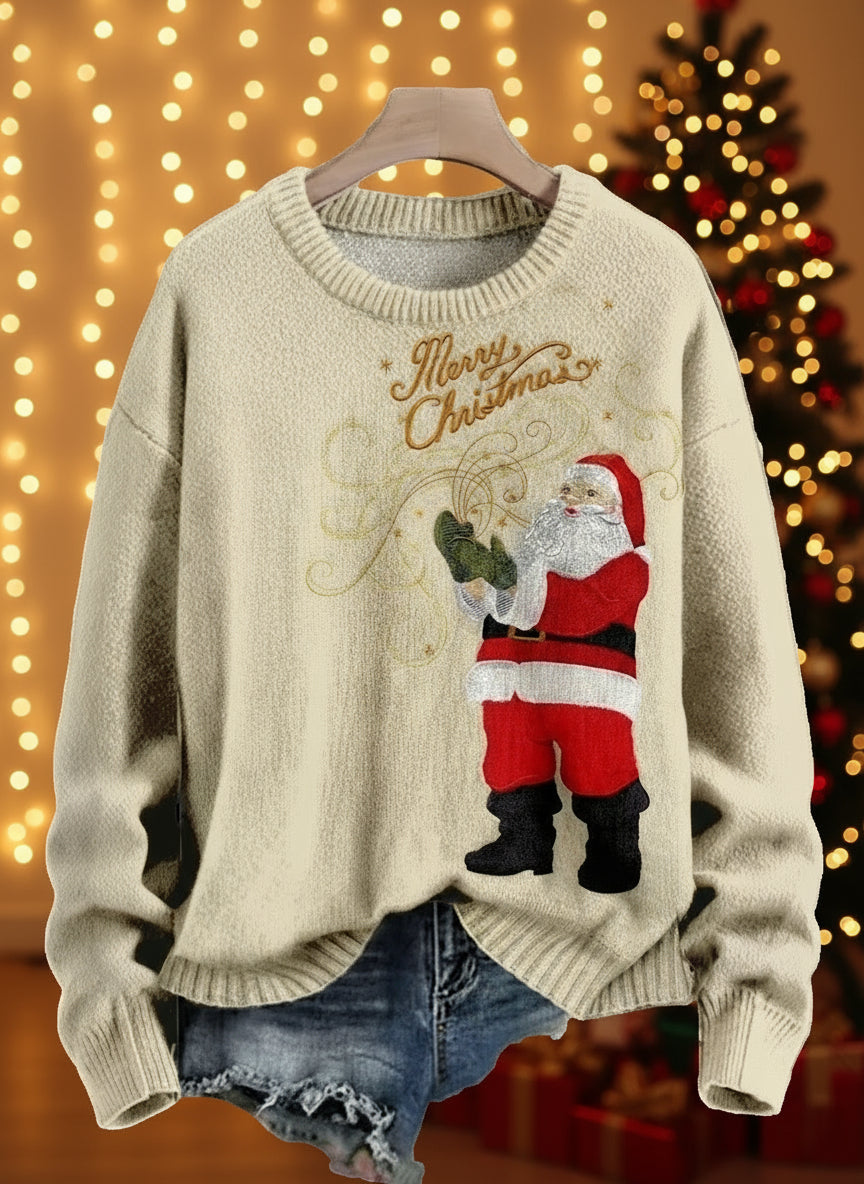 Cream sweater with vintage Santa Claus and “Merry Christmas” script