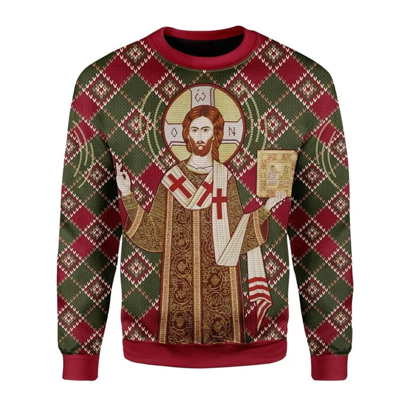 Retro Christian 3D Printed Sweatshirt for Men – Autumn Fashion Pullover with Religious Pattern, O-Neck Knit Sweater for Daily Wear