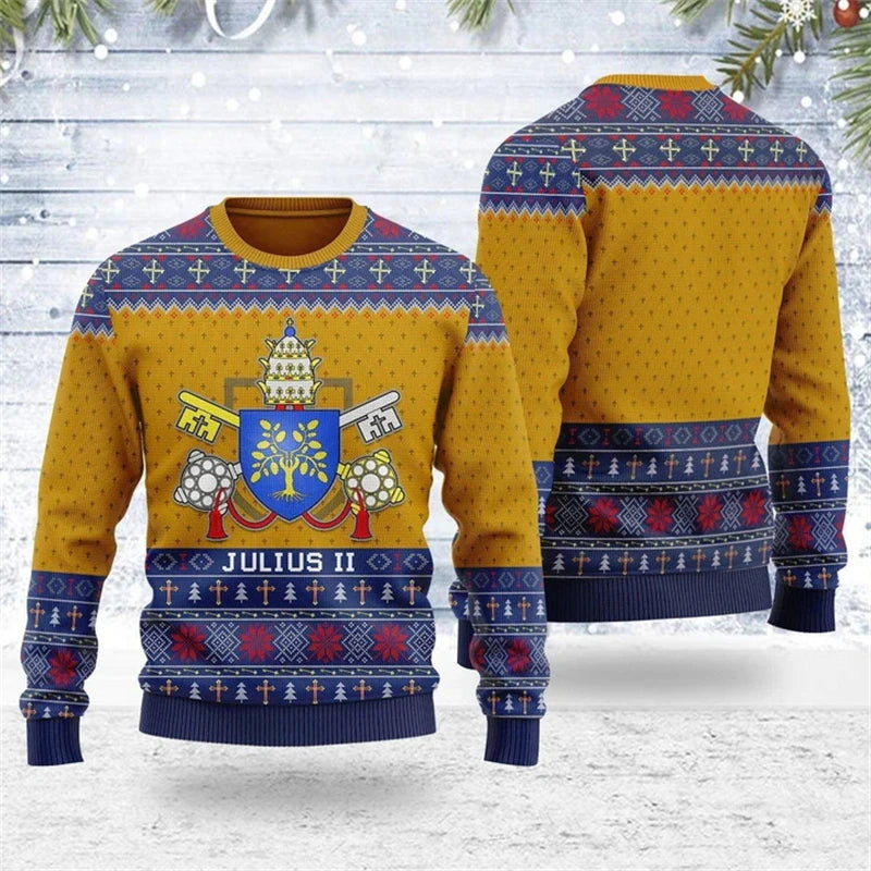 Retro Christian 3D Printed Sweatshirt for Men – Autumn Fashion Pullover with Religious Pattern, O-Neck Knit Sweater for Daily Wear