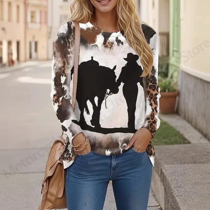 Cute Cat 3D Print Long Sleeve T-Shirt for Women – Oversized Animal Design Casual Top, Fashionable Knit Tee with Tie-Dye Effect, All-Season Comfort Wear