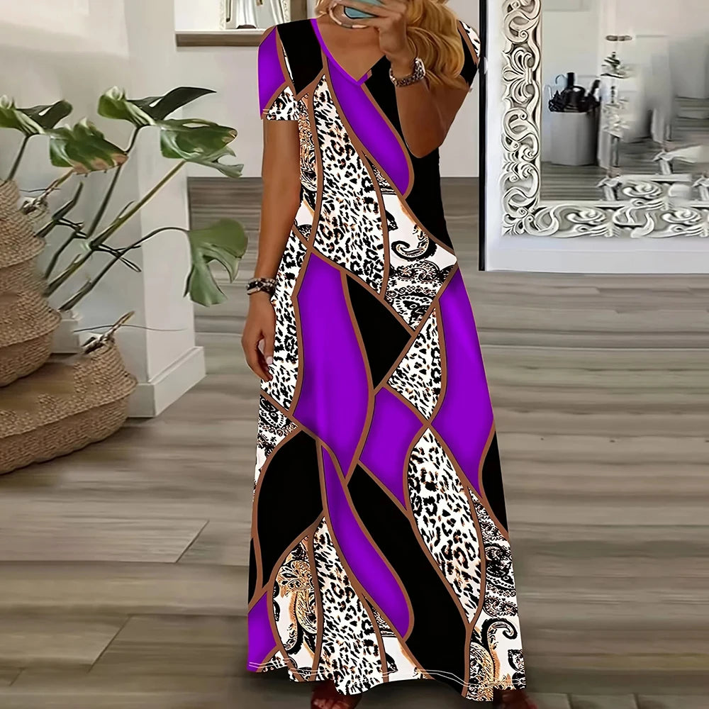 Purple and White Leopard V-Neck Maxi Dress – Statement Patchwork Look