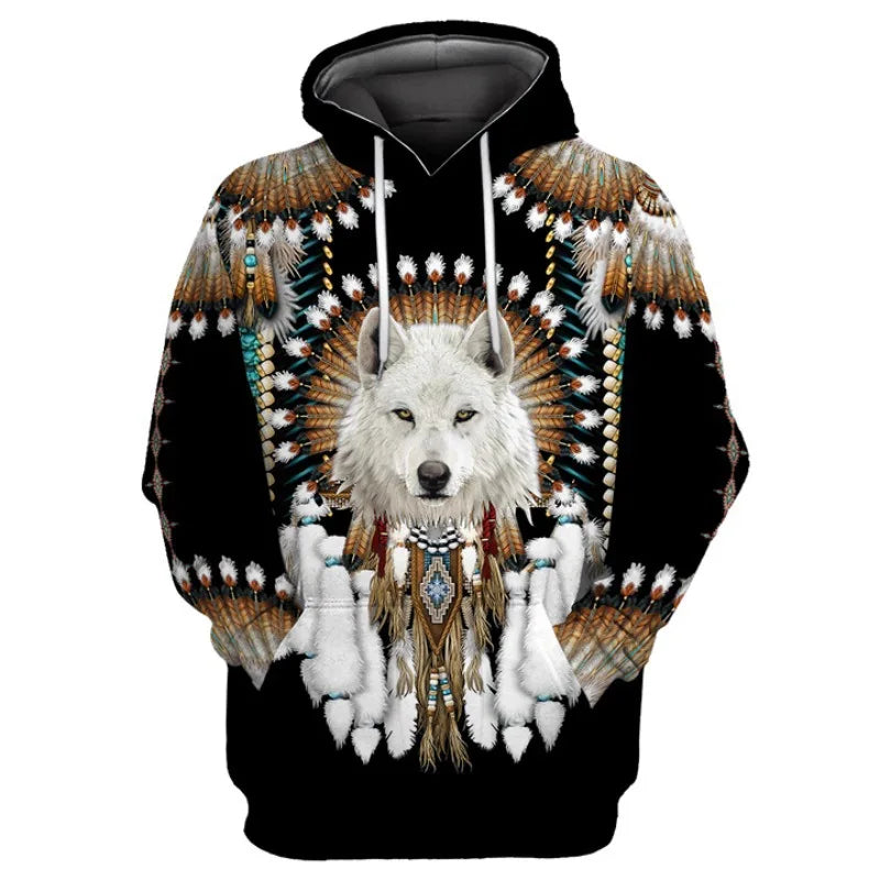 Wolf-Style Native Indian Bohemian Unisex Hoodie Pullovers (Small to Plus-Size Selection) - ALOE WINGS STORE