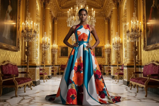 Regal Floral Print Satin Gala Dress - Sleeveless Empire Waist Formal Gown