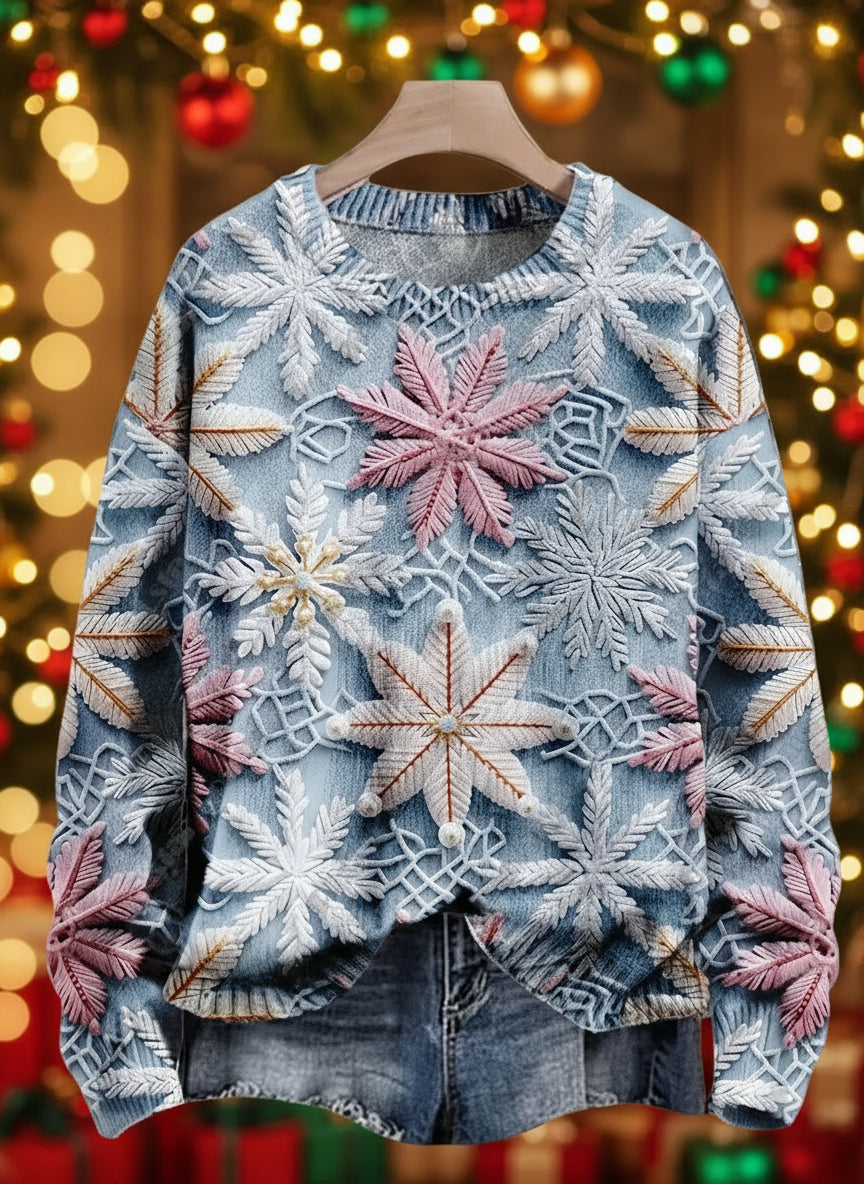 Light blue snowflake 3D sweater with pink star accents