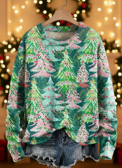 Green pine forest 3D sweater with pink snow-dusted trees