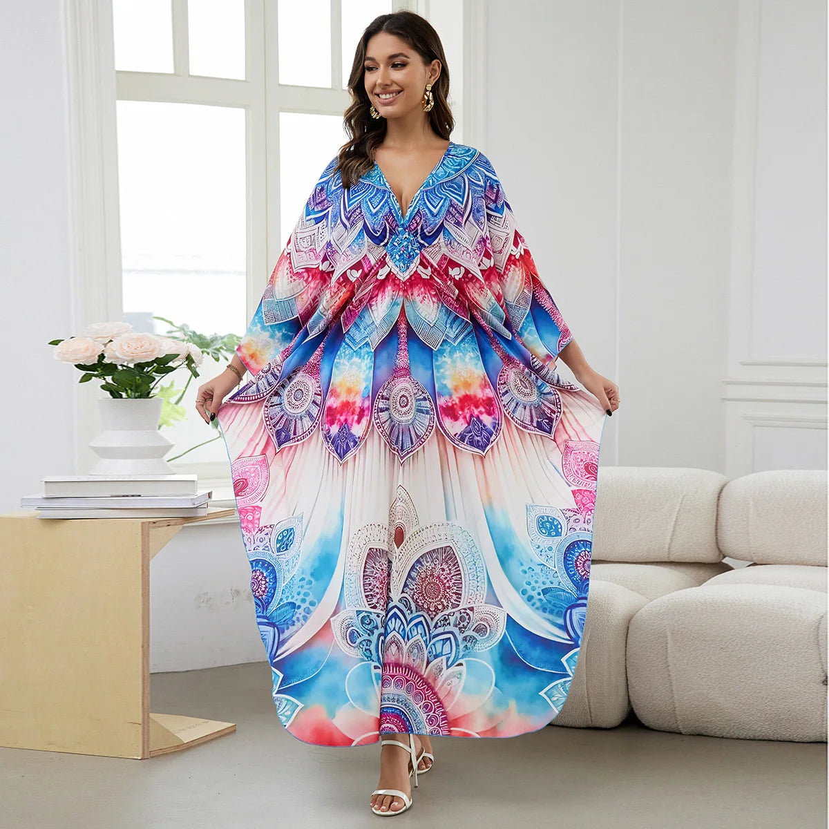 2.Maxi Kaftan Beach Dresses for Women – Artistic Summer Robe with Bold Prints