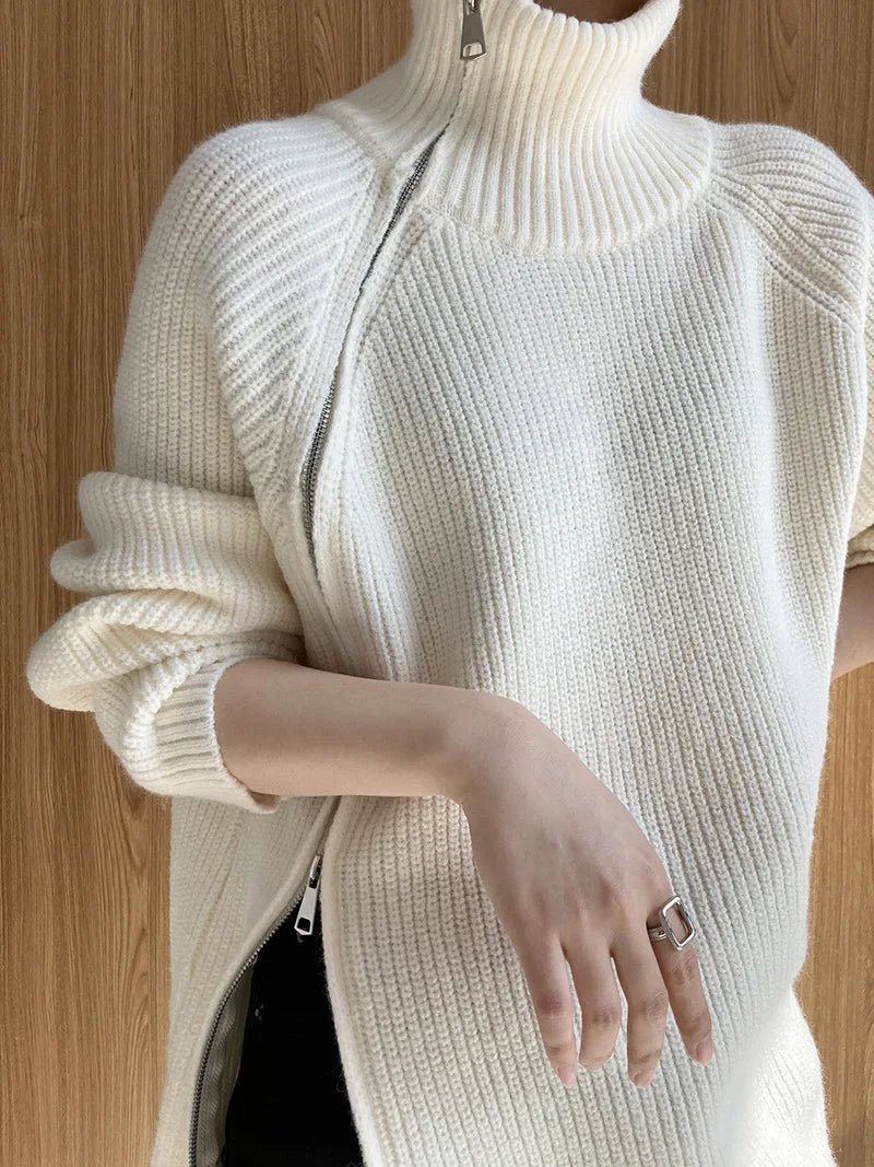 Zipper Solid Colour High-End Knitted Sweater - Loose Long-Sleeve Warm Outerwear Top for Fashion