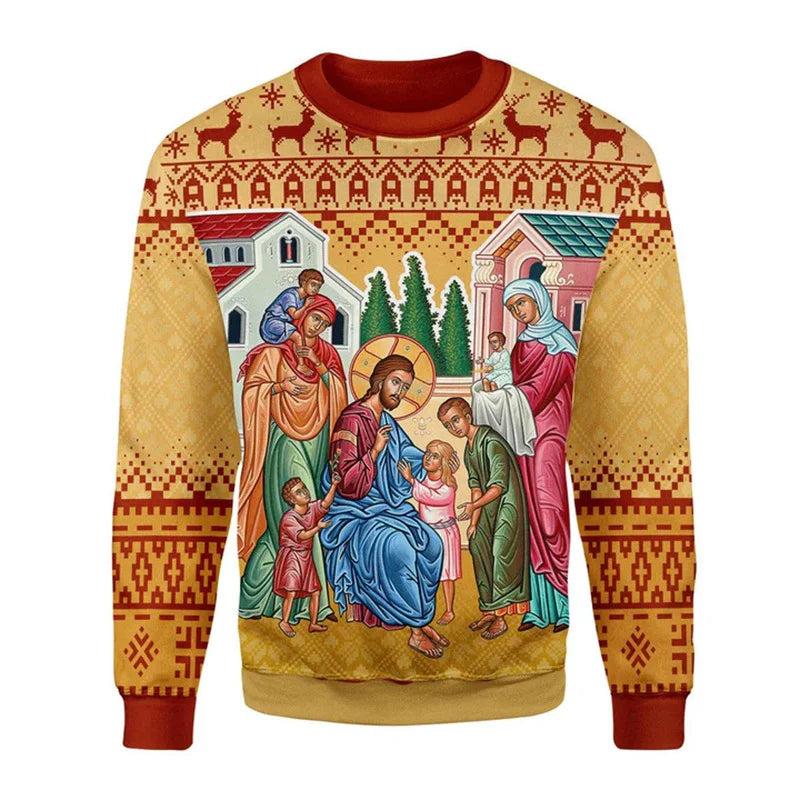2.Retro Christian 3D Printed Sweatshirt for Men – Faith Streetwear Pullover with Religious Art, O-Neck Knit Sweater for Daily Wear – Plus Size XS-6XL